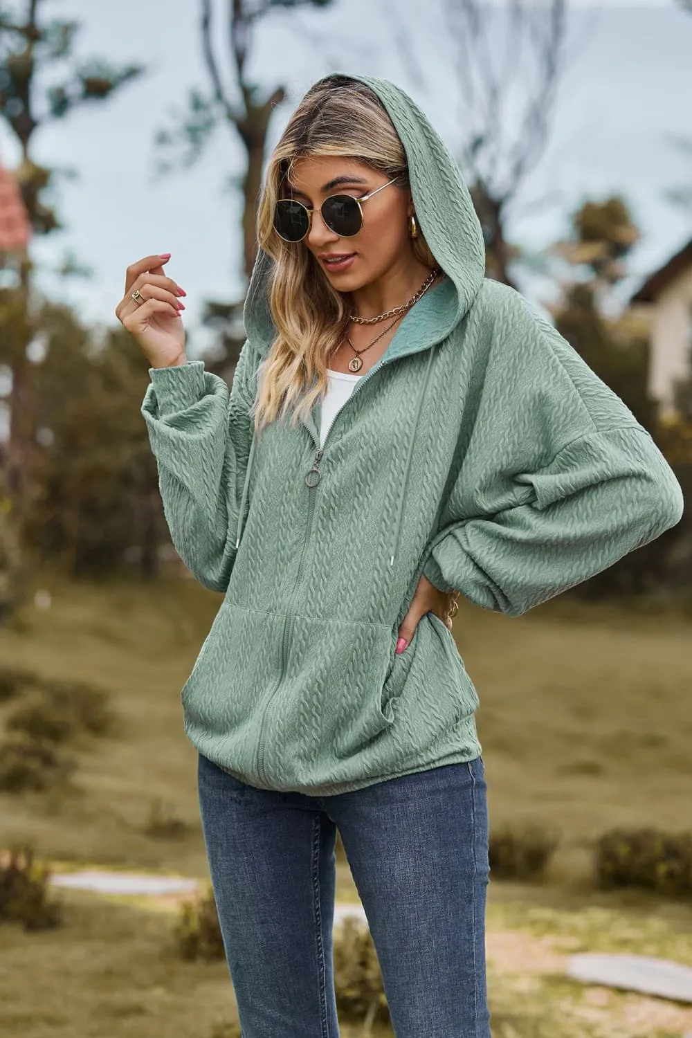 Cable-Knit Long Sleeve Hooded Jacket, image 9