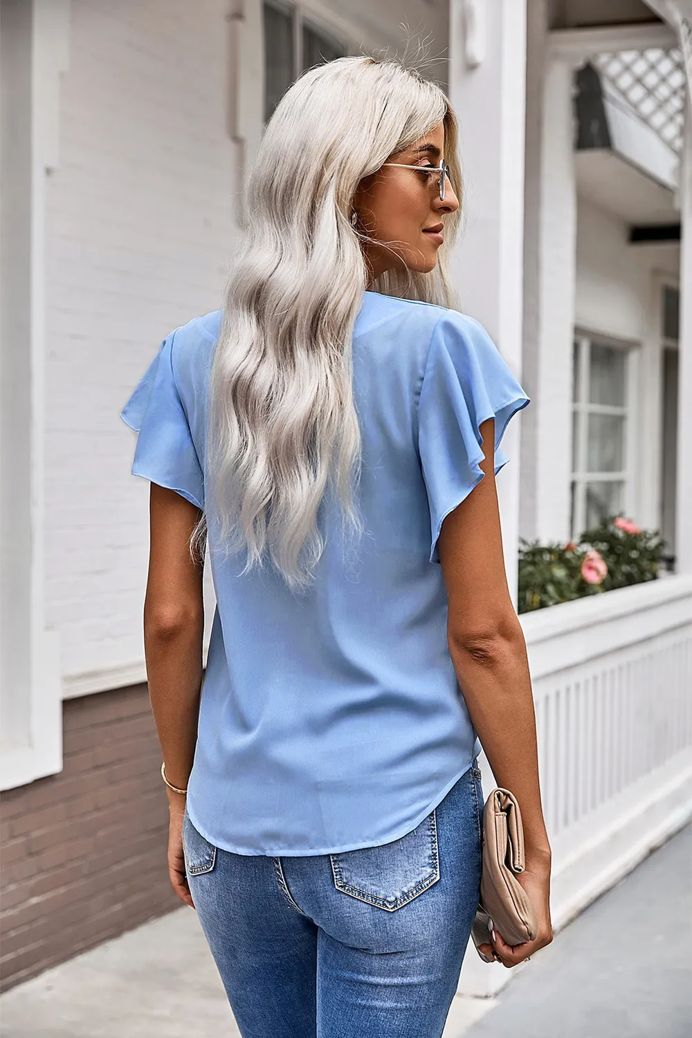 V-Neck Tie Hem Flutter Sleeve Blouse, image 15