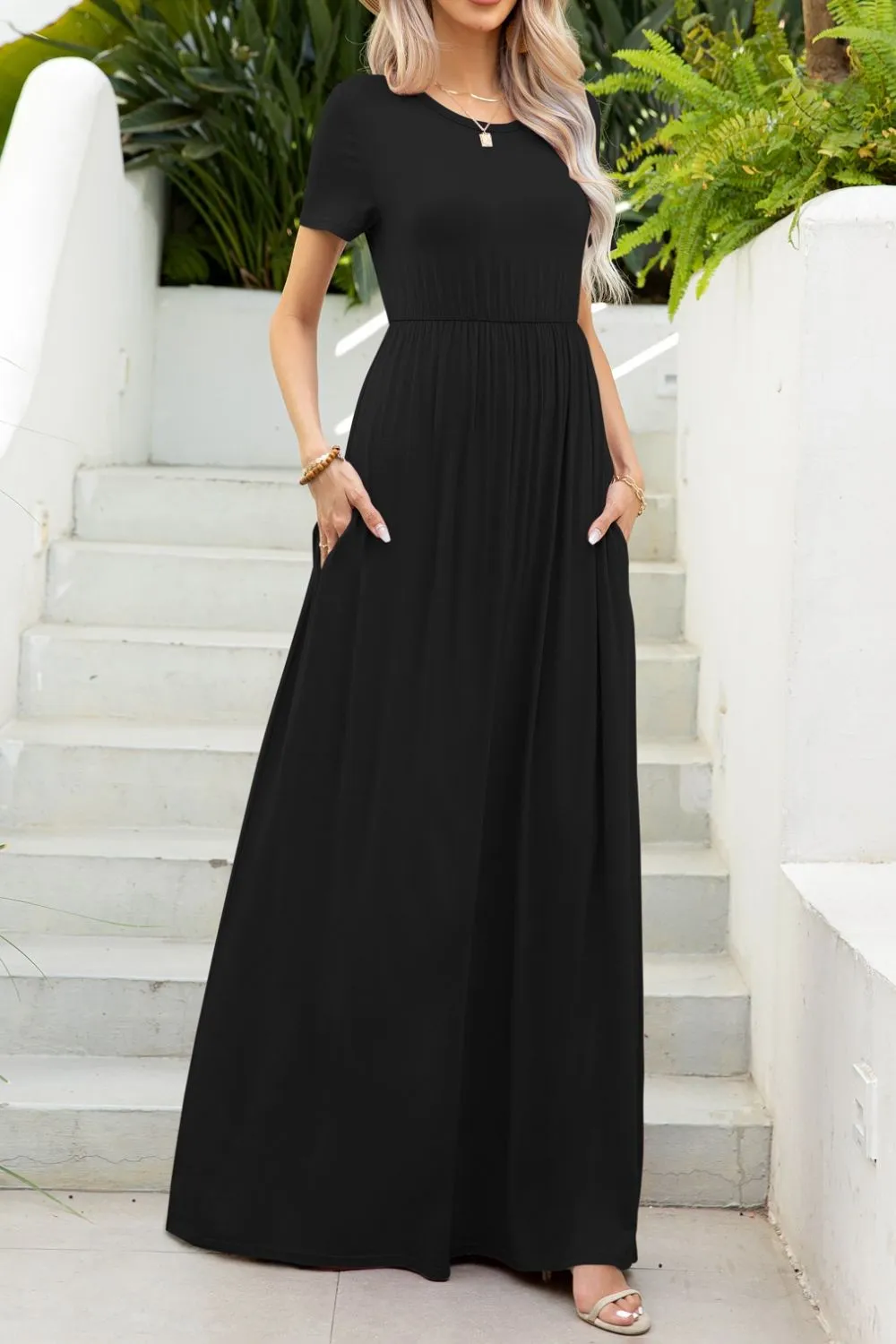Round Neck Maxi Tee Dress with Pockets, image 3