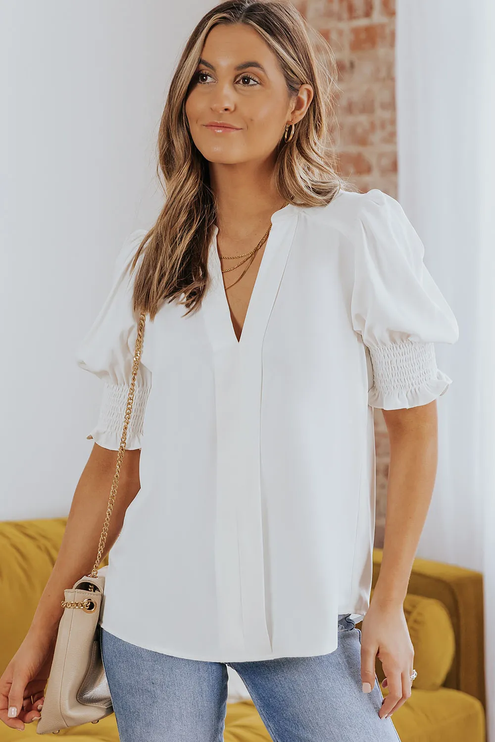 Smocked Flounce Sleeve Notched Neck Blouse, image 5