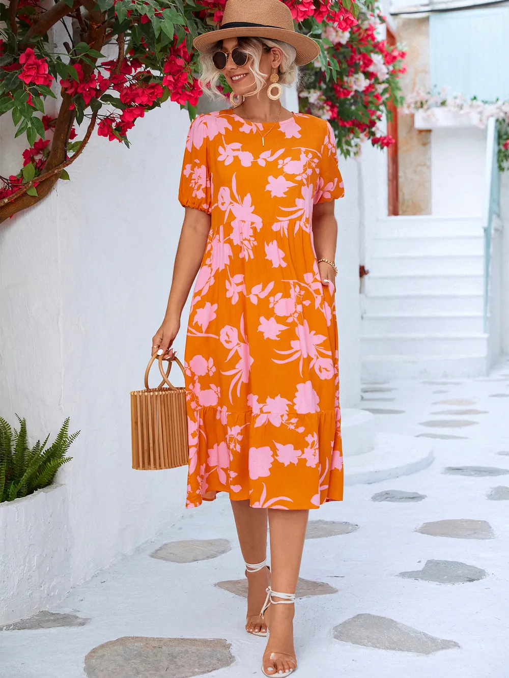 Floral Puff Sleeve Ruffle Hem Midi Dress, image 2