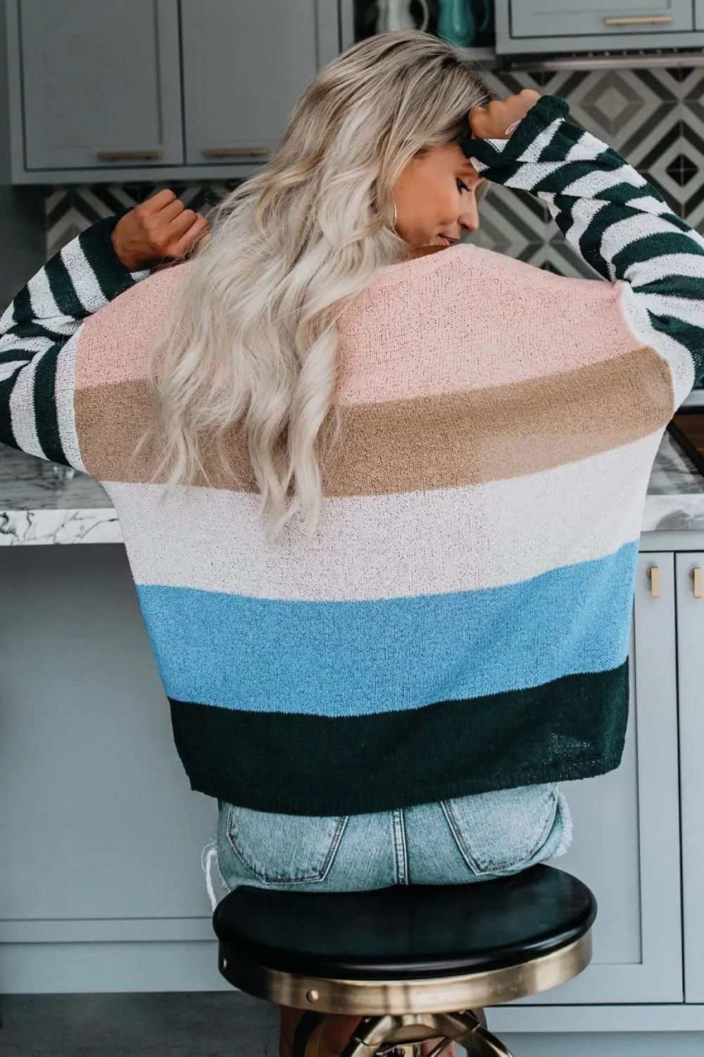 Color Block Boat Neck Dropped Shoulder Sweater, image 2