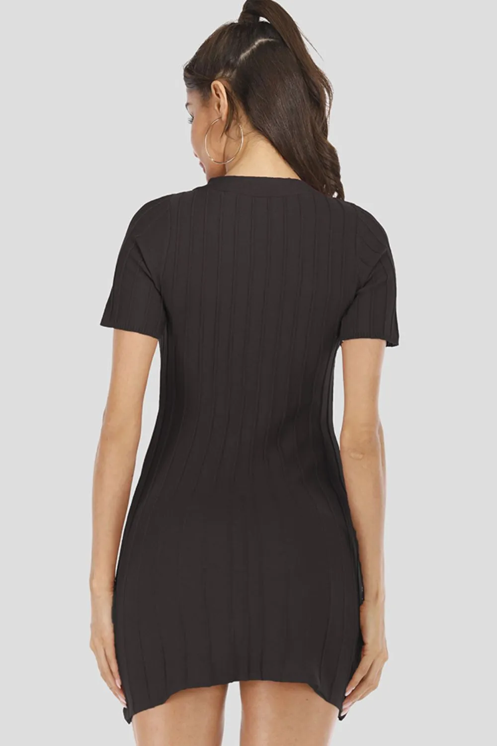 Buttoned Short Sleeve V-Neck Knit Dress, image 2