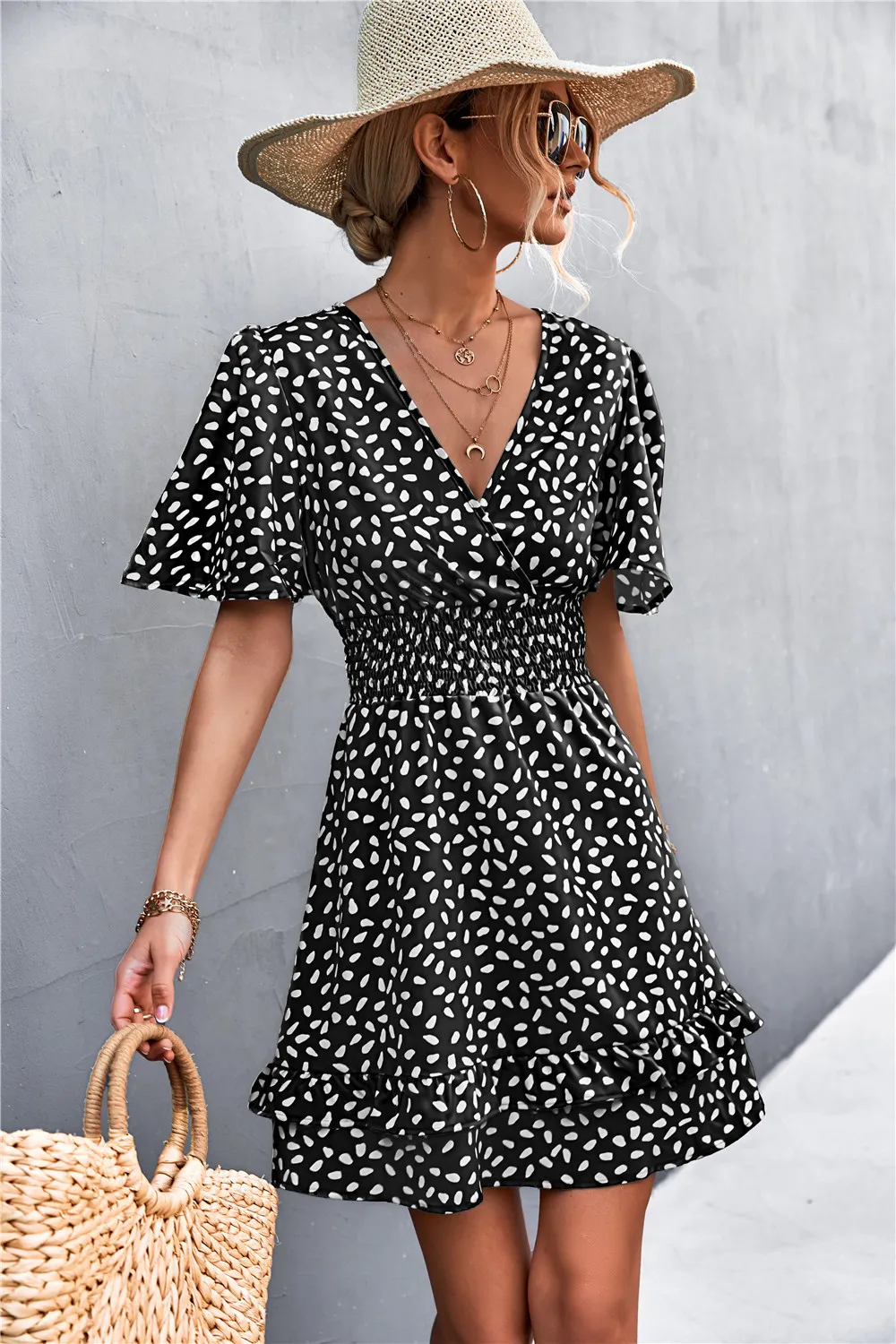 Printed Smocked Waist Layered Surplice Dress, image 3