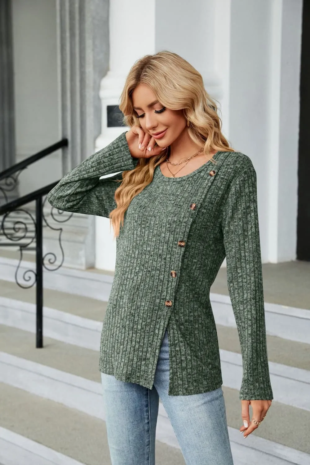 Buttoned Long Sleeve Slit Top, image 11