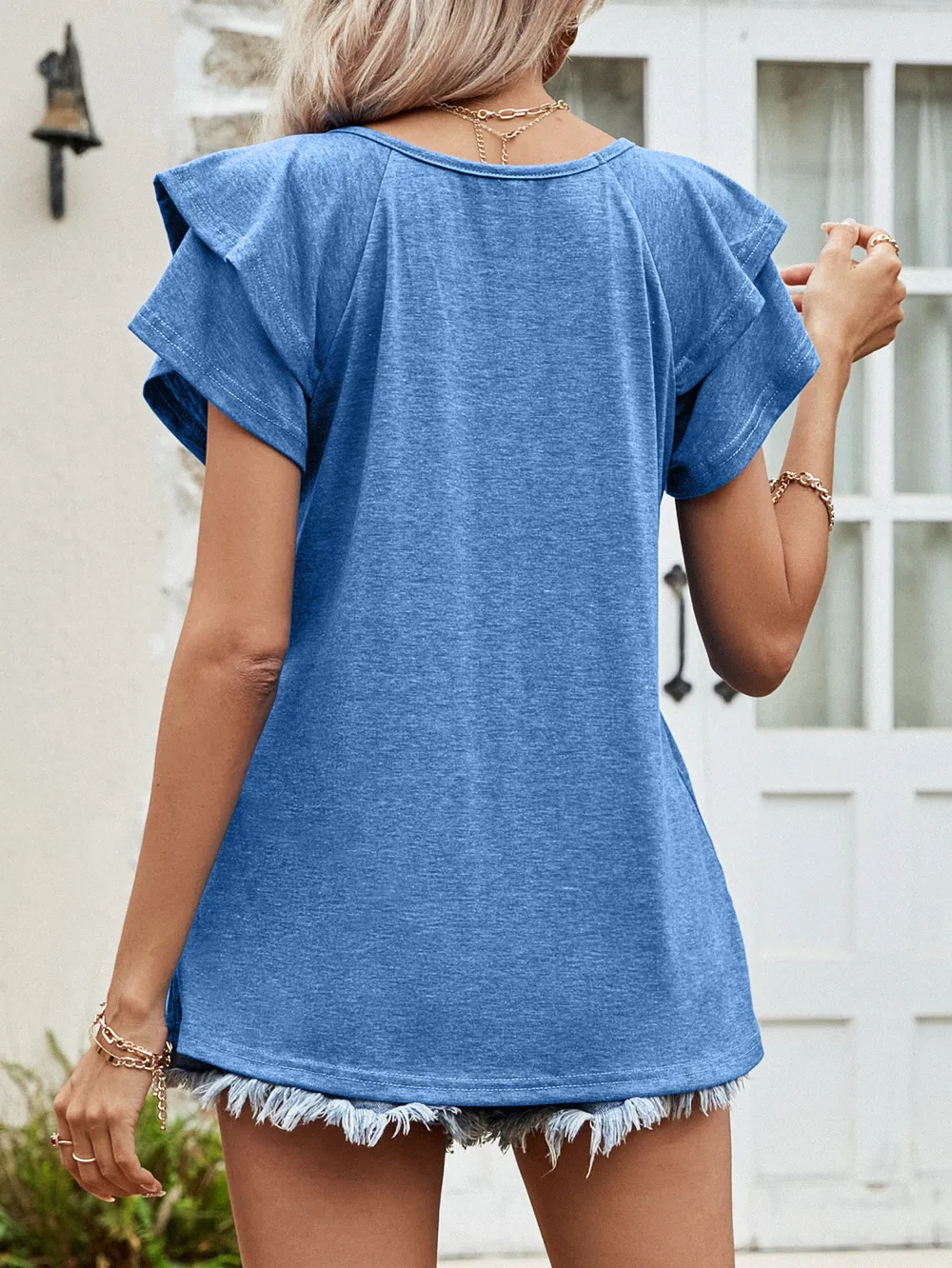 Layered Flutter Sleeve V-Neck Top, image 3