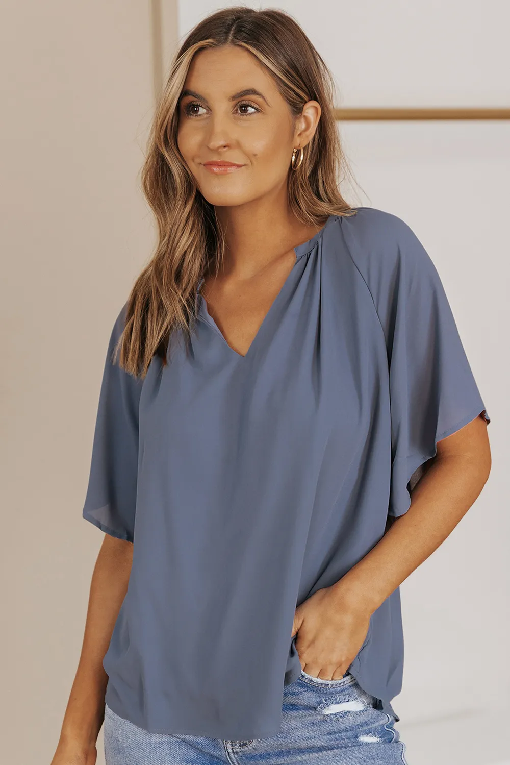 Gathered Detail Notched Neck Flutter Sleeve Top, image 4