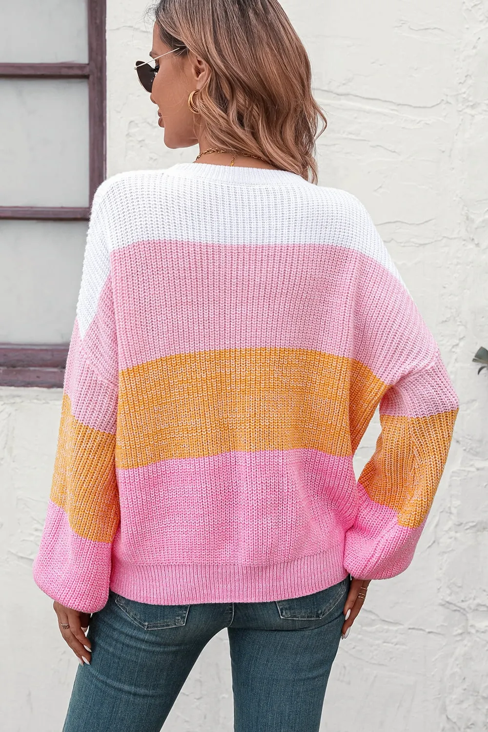 Round Neck Color Block Ribbed Pullover Sweater, image 4