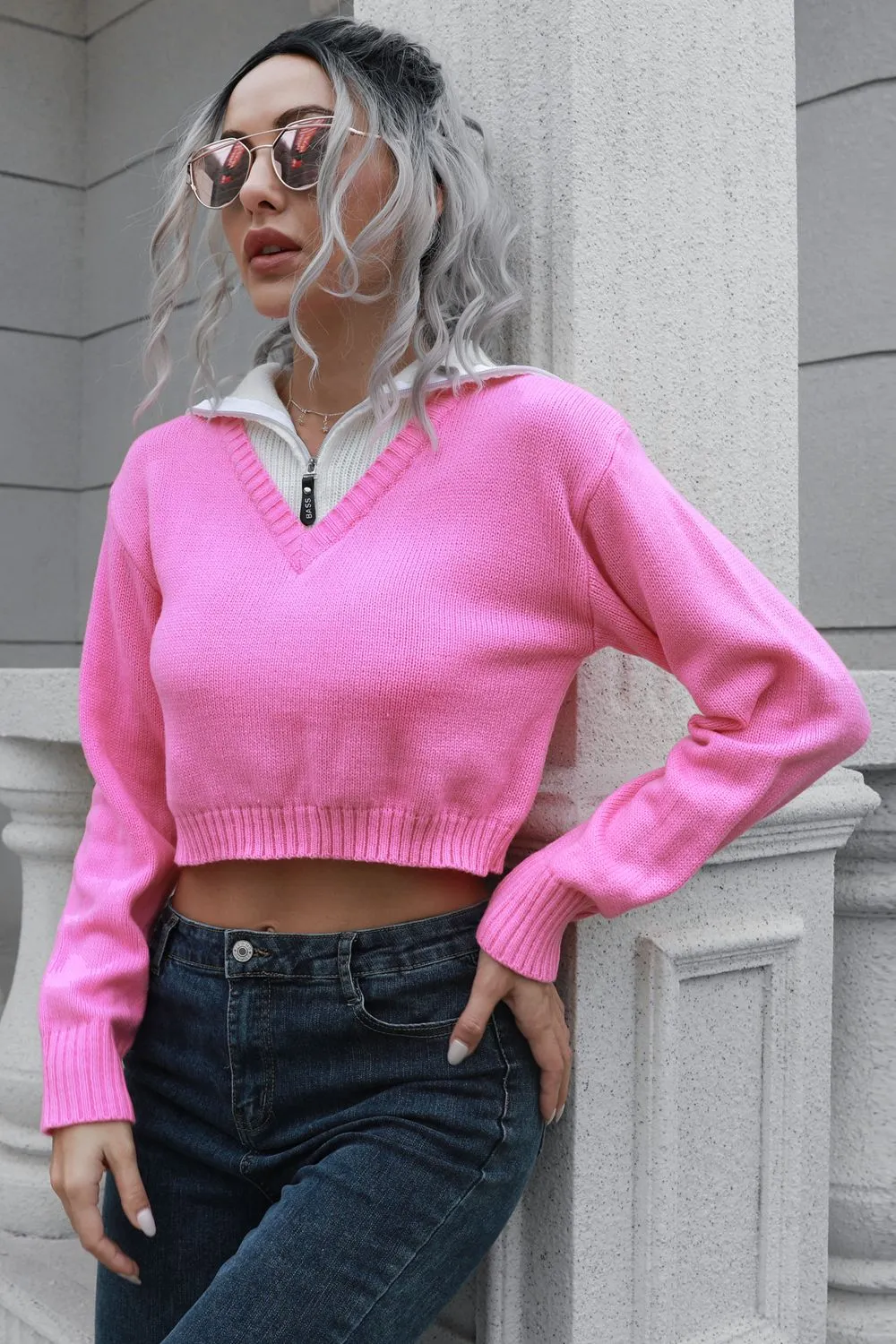 Contrast Collared Cropped Sweater, image 4