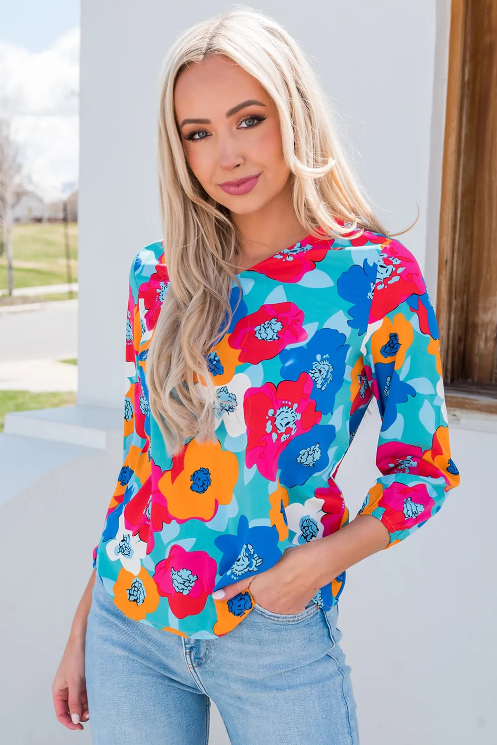 Floral V-Neck Three-Quarter Sleeve Top, image 2