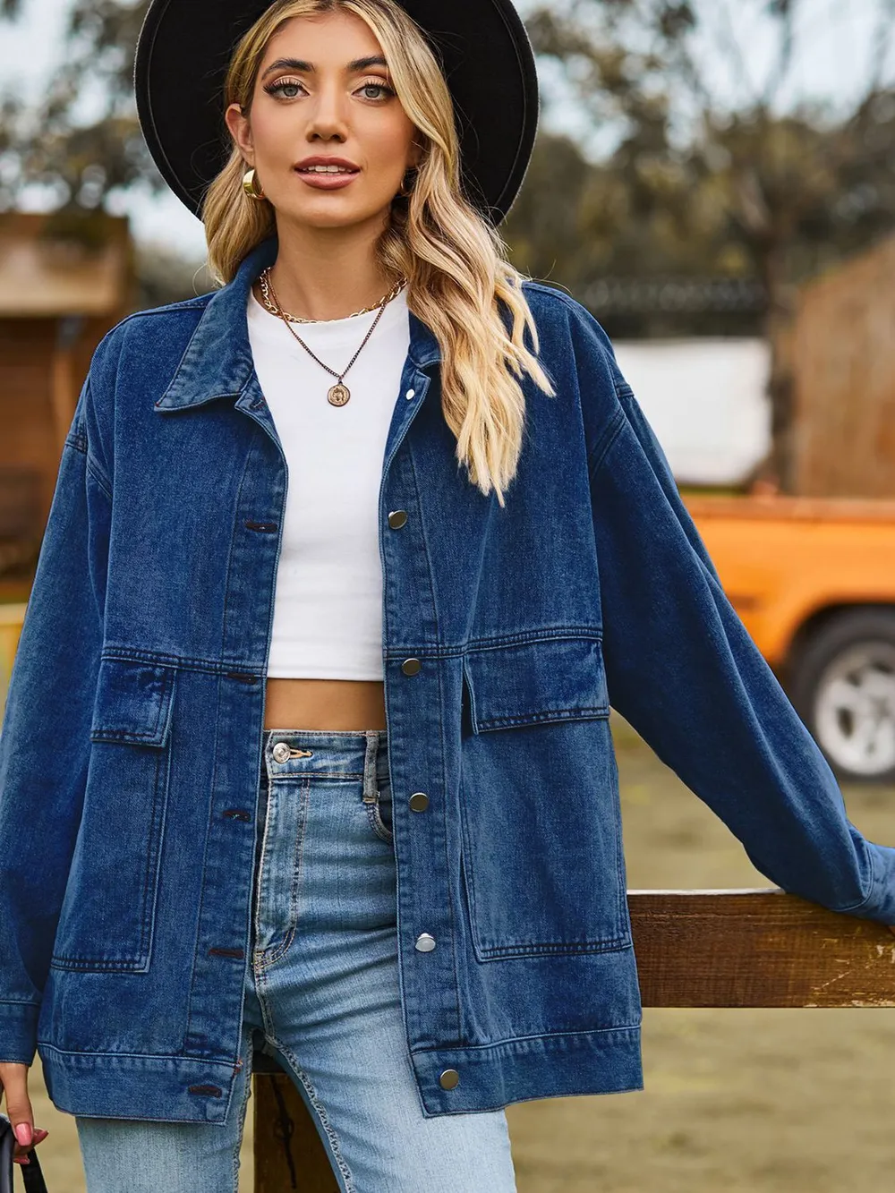 Dropped Shoulder Denim Jacket with Pockets, image 3