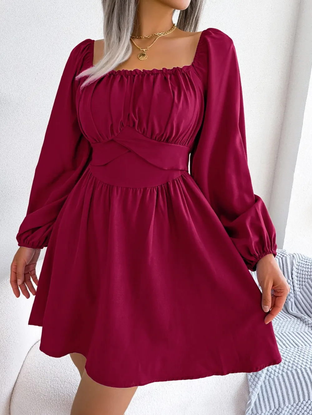 Tied Square Neck Balloon Sleeve Dress, image 4