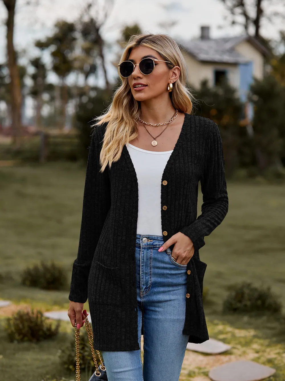 Ribbed Button-Up Cardigan with Pockets, image 4