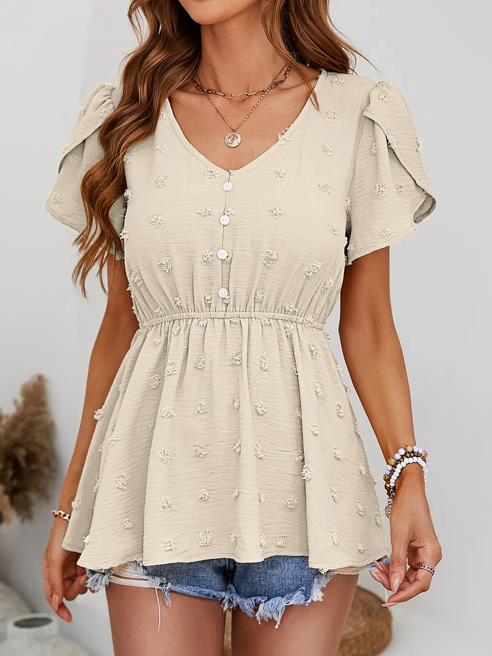 Swiss Dot Buttoned Petal Sleeve Peplum Blouse, image 10
