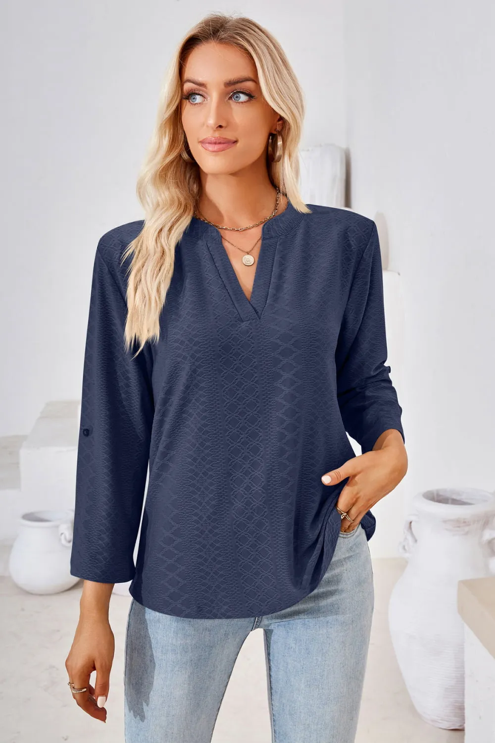 V-Neck Roll-Tap Sleeve Blouse, image 10
