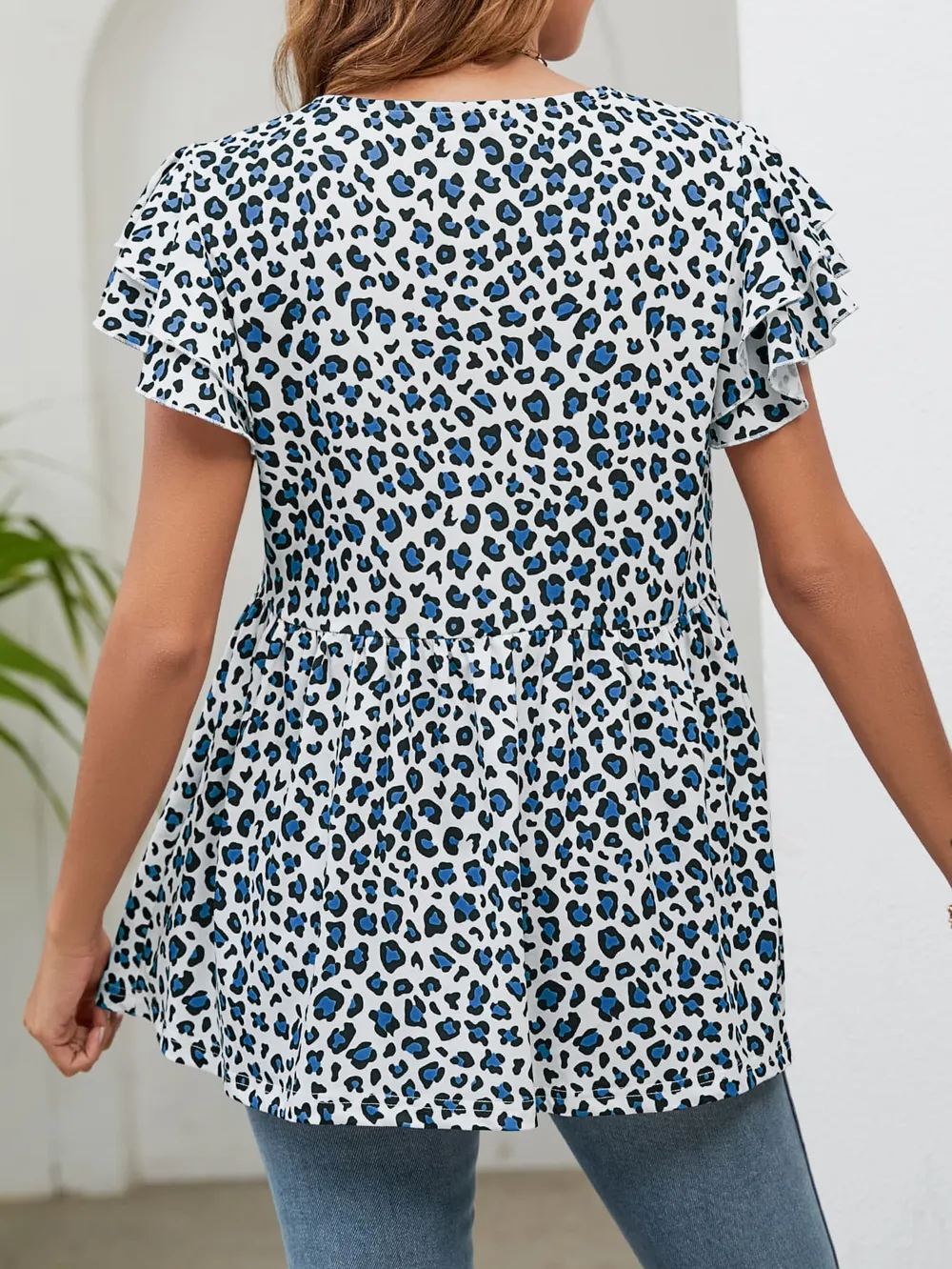 Leopard Round Neck Flutter Sleeve Babydoll Blouse, image 2