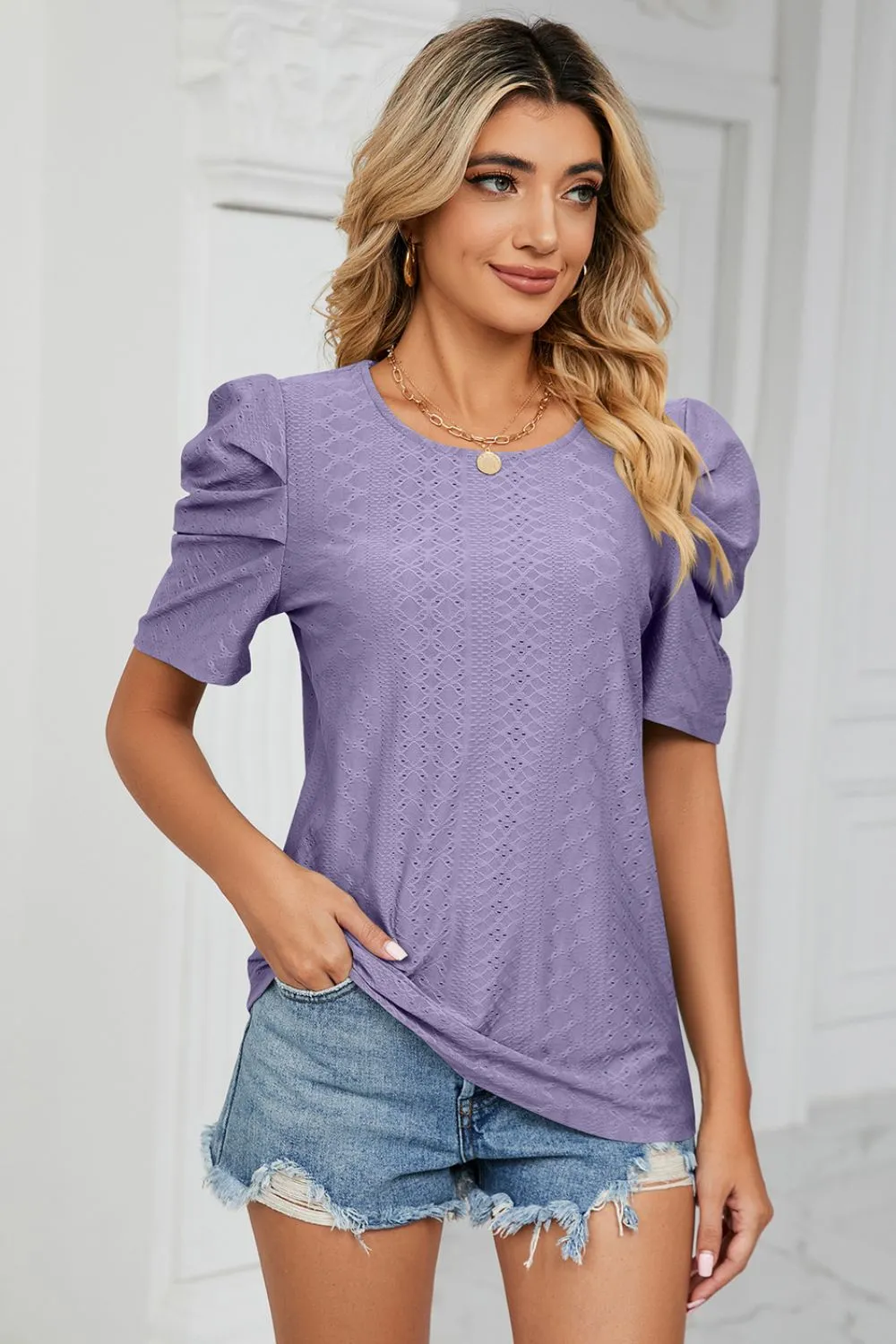 Eyelet Puff Sleeve Round Neck Blouse, image 6