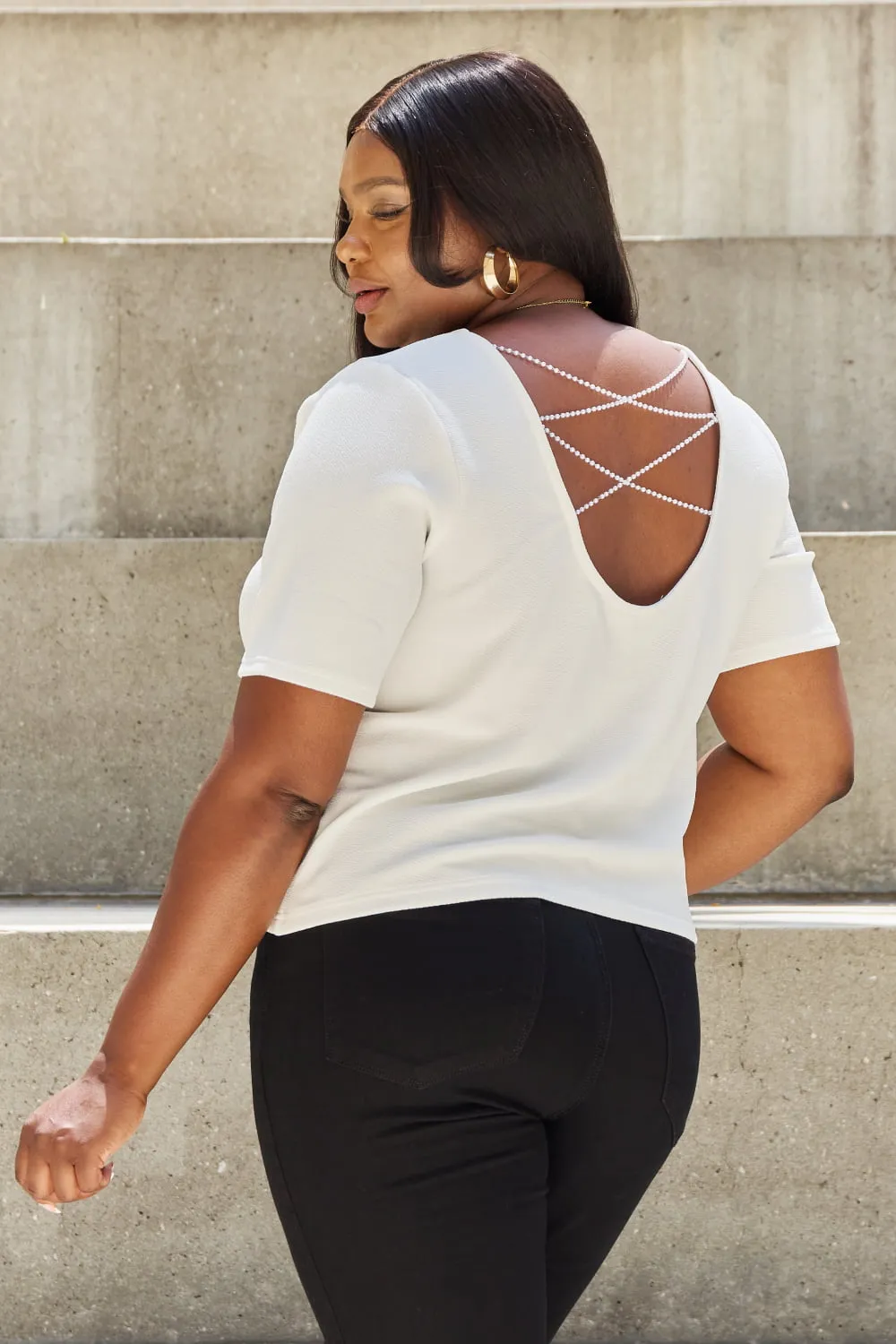 Pearly White Full Size Criss Cross Pearl Detail Open Back T-Shirt, image 2