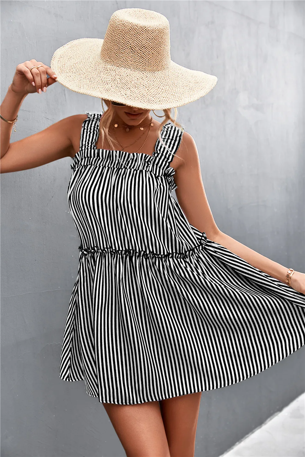 Striped Frill Trim Square Neck Dress, image 2