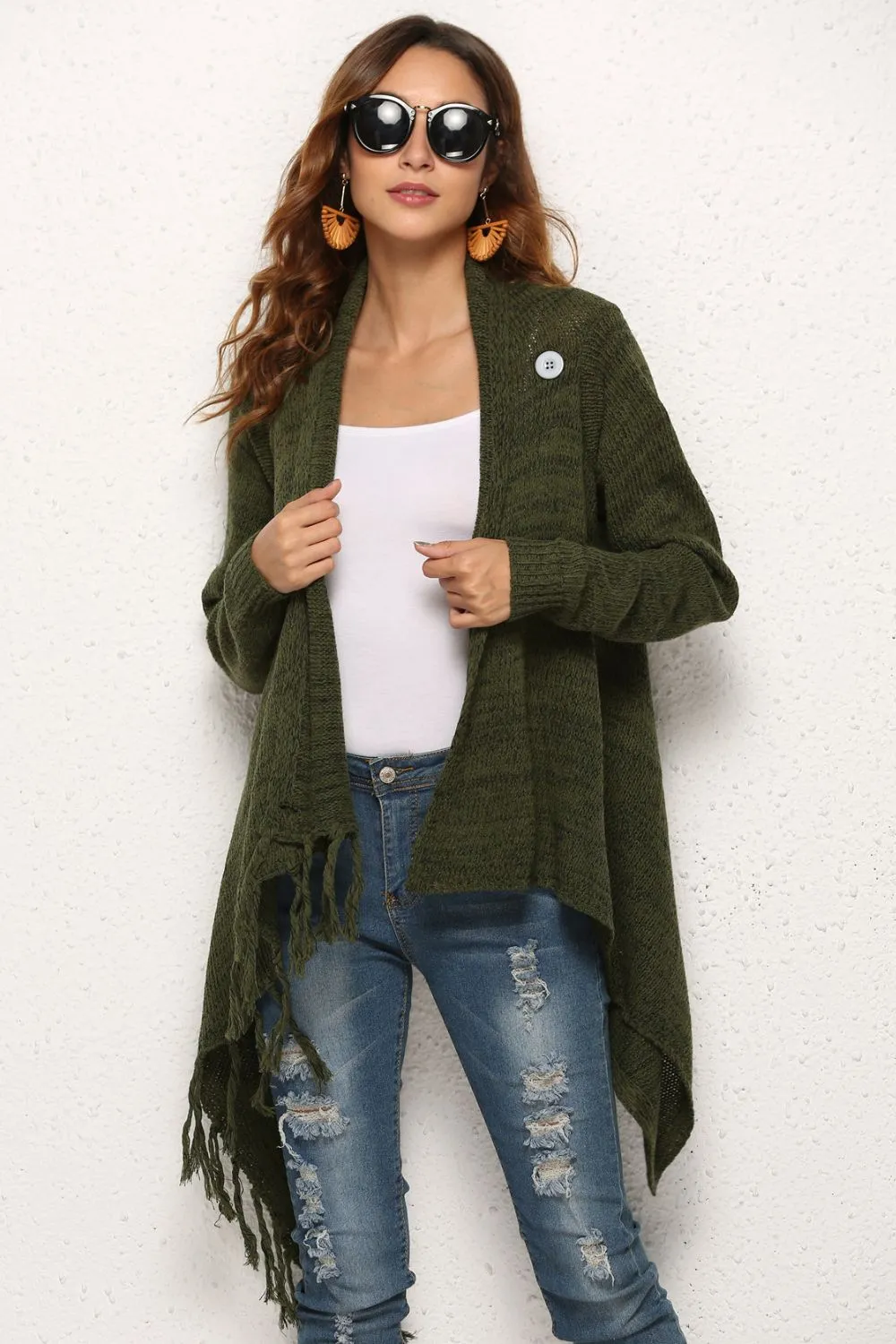 One-Button Tassel Tie Asymmetrical Hem Cardigan, image 7