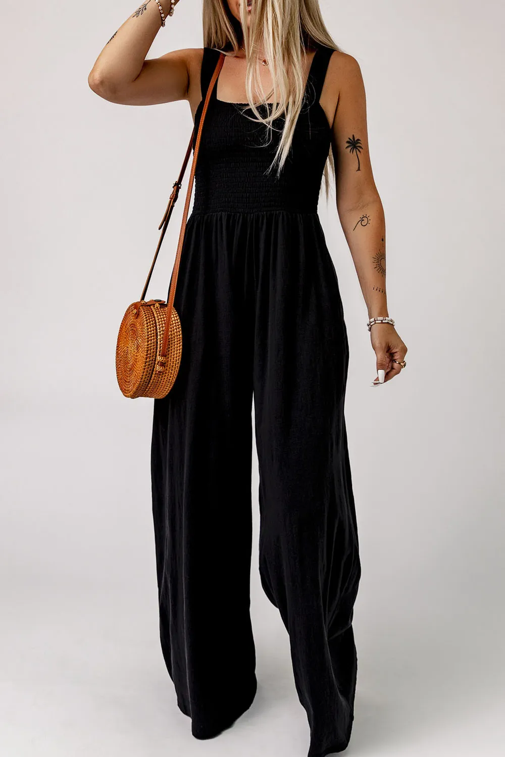 Smocked Square Neck Wide Leg Jumpsuit with Pockets, image 2