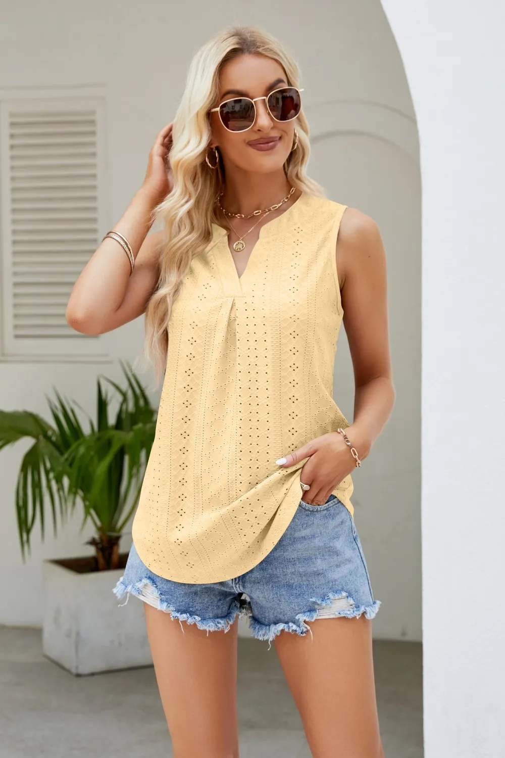 Notched Neck Curved Hem Eyelet Tank, image 14