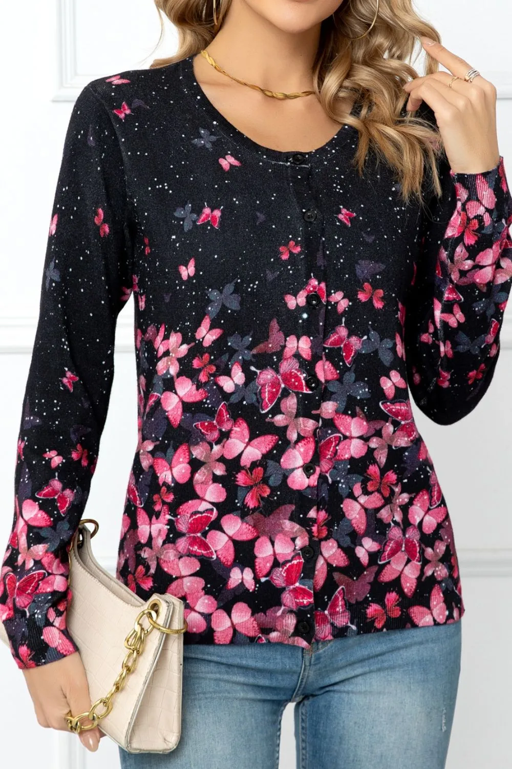 Floral Button Front Round Neck Cardigan, image 5
