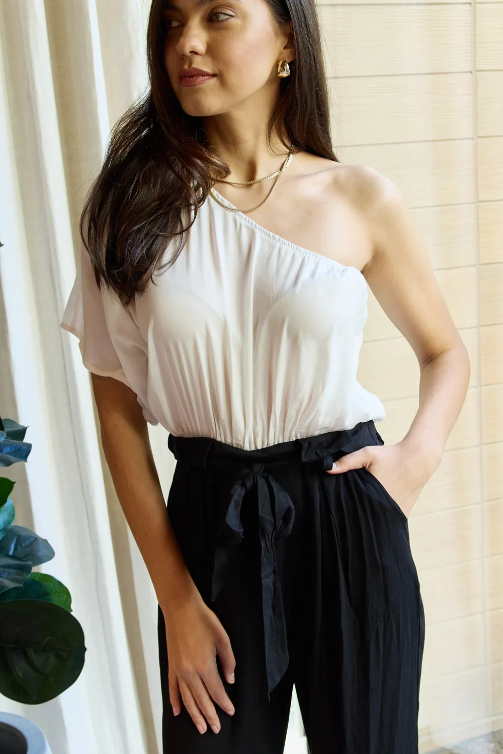 Marvelous in Manhattan One-Shoulder Jumpsuit in White/Black, image 2
