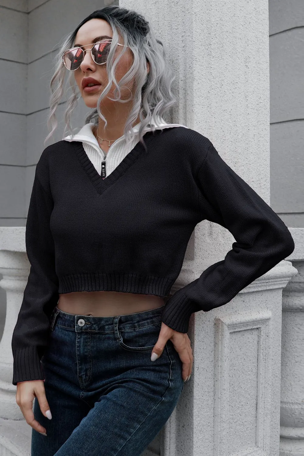 Contrast Collared Cropped Sweater, image 5