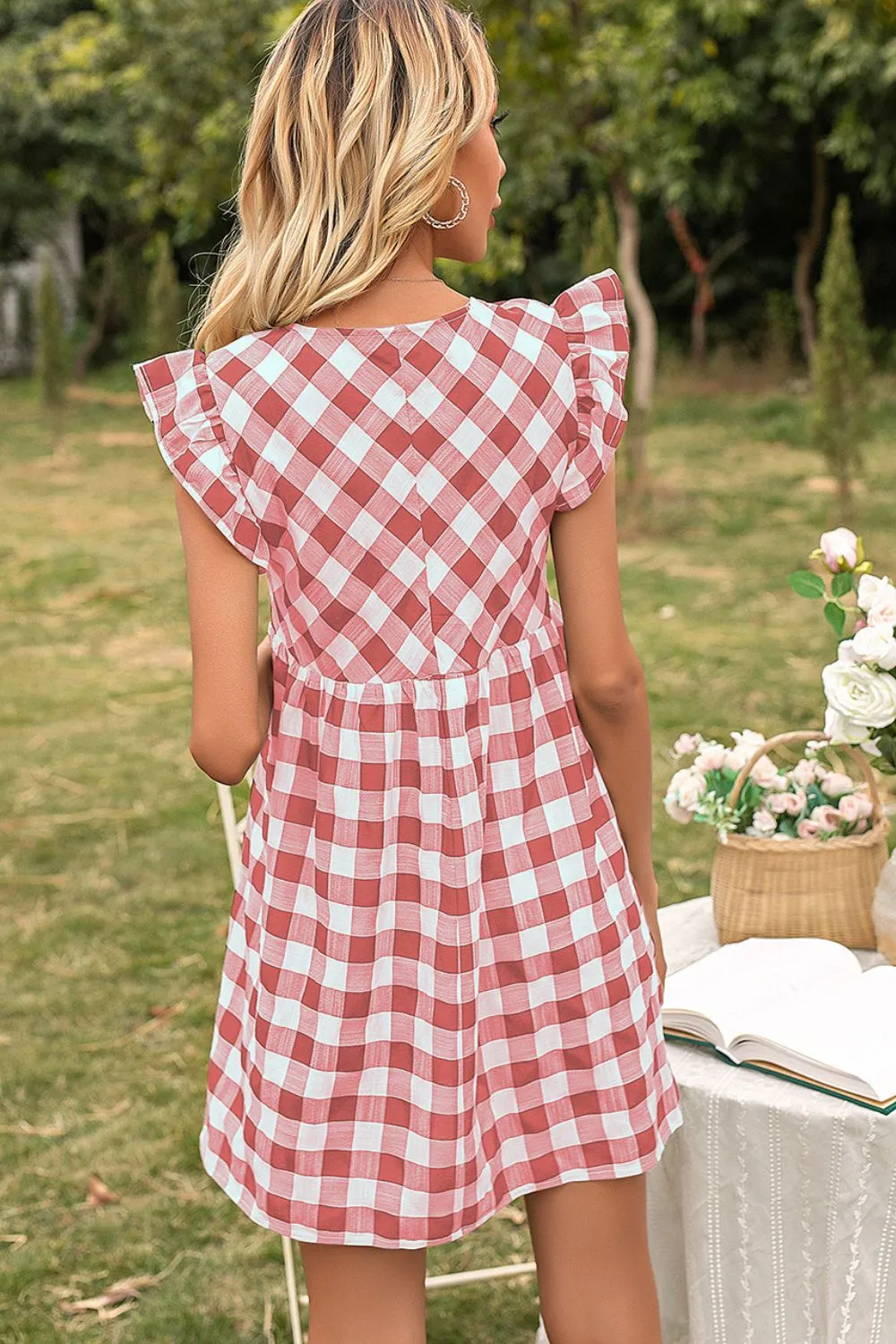 Plaid Butterfly Sleeve Deep V Dress, image 9