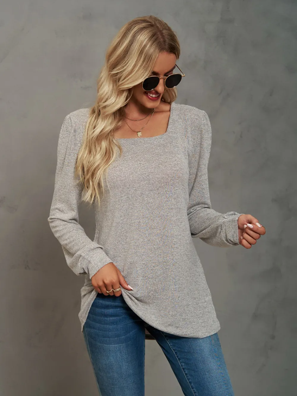 Heathered Square Neck Long Sleeve T-Shirt, image 13