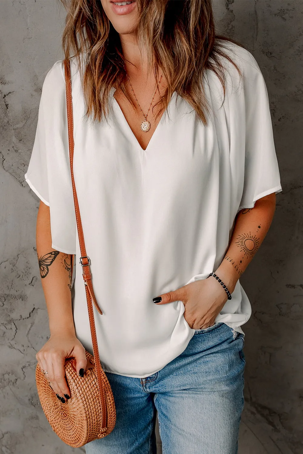 Gathered Detail Notched Neck Flutter Sleeve Top, image 5