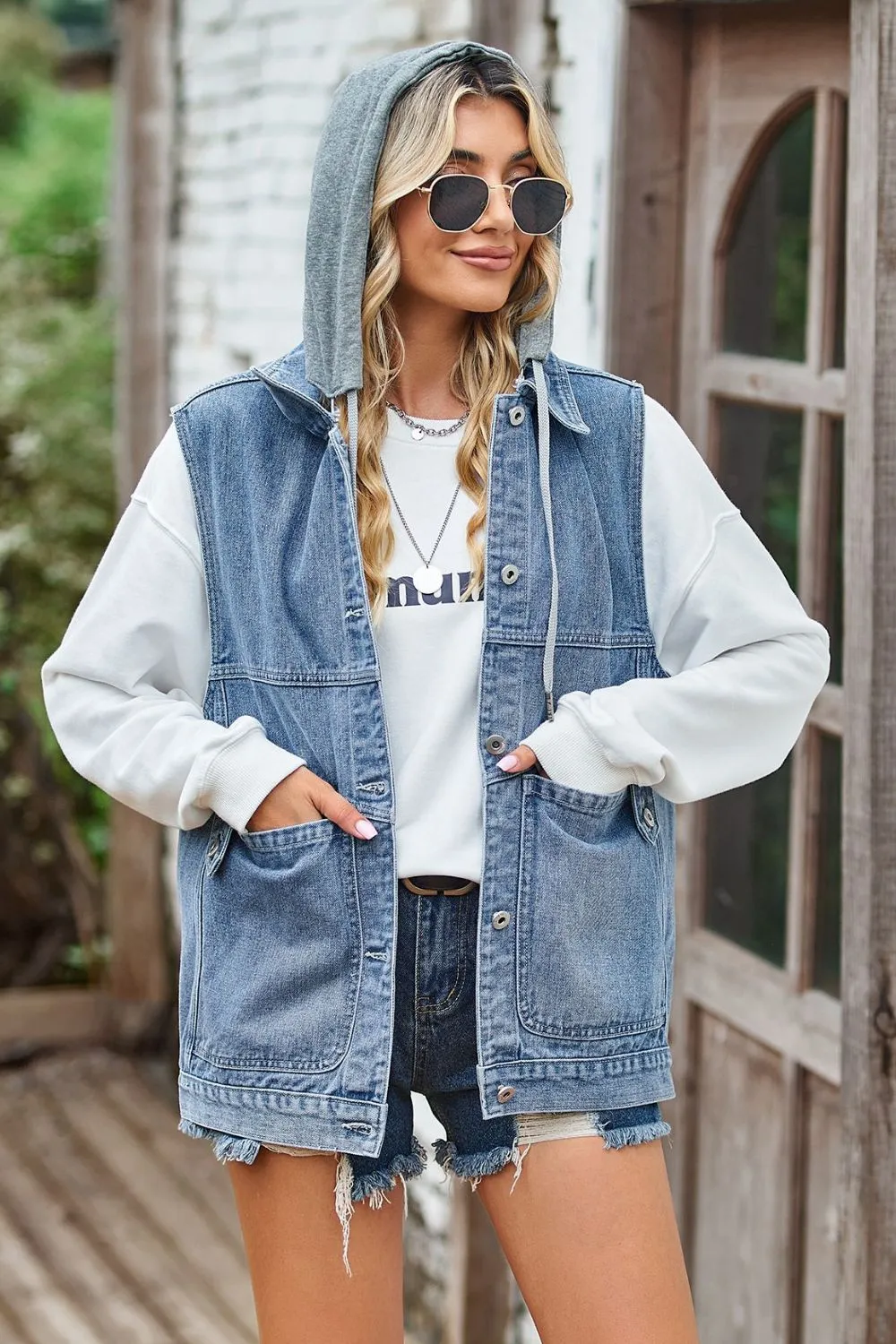 Sleeveless Denim Top with A Detachable Hood, image 2