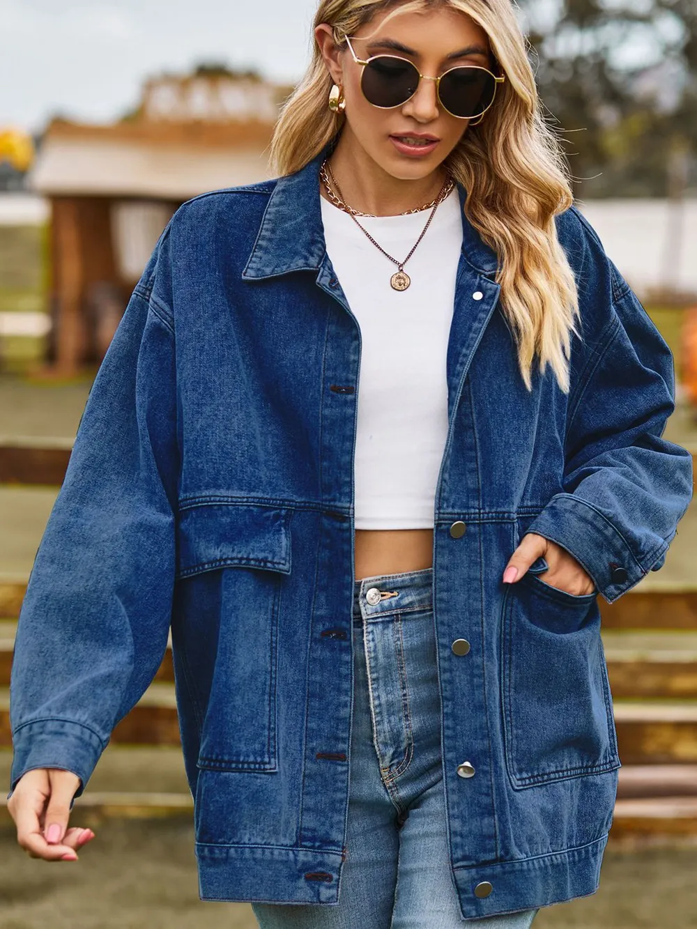 Dropped Shoulder Denim Jacket with Pockets, image 4