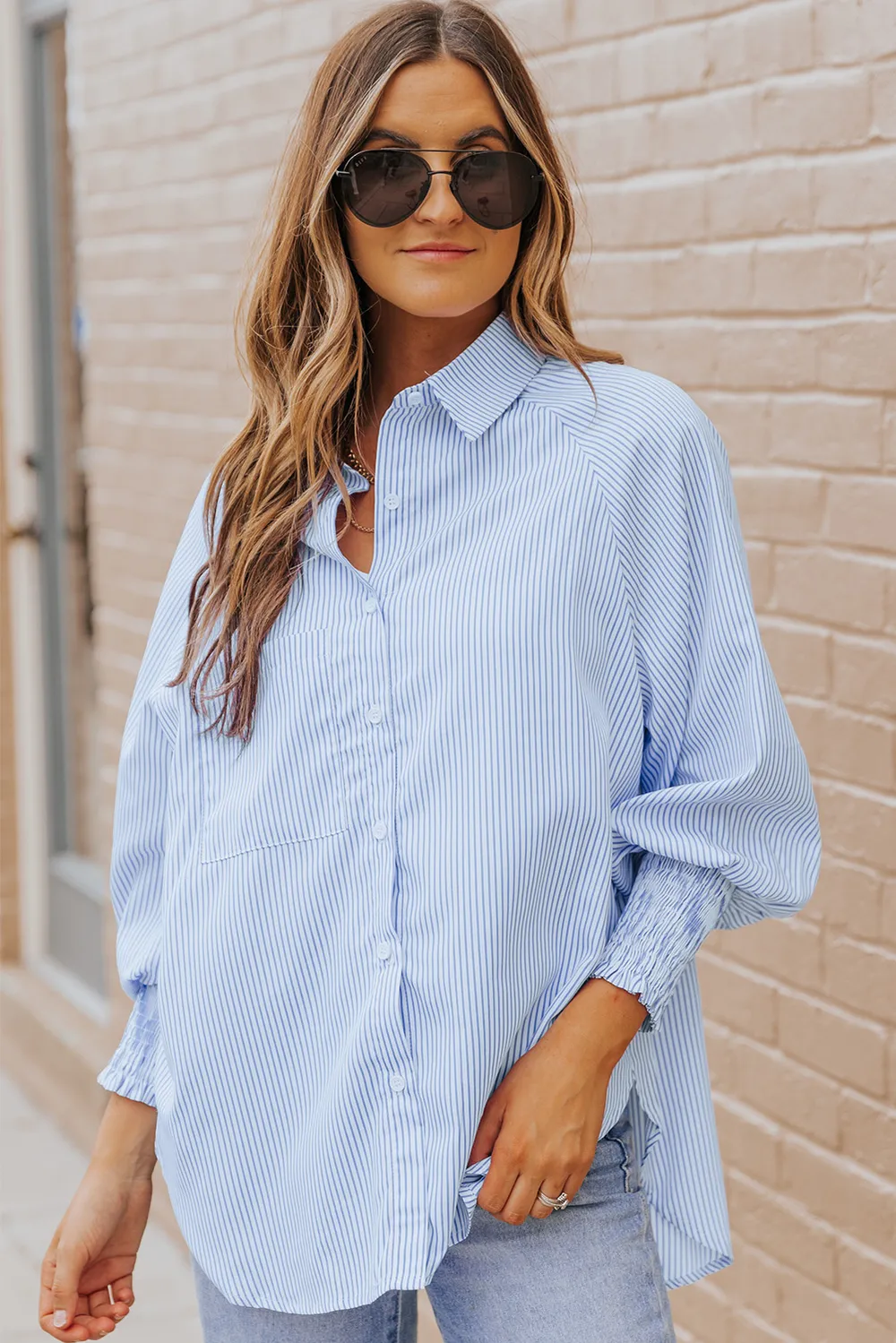 Striped Lantern Sleeve Collared Shirt, image 5