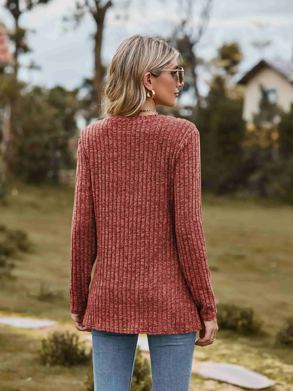 Ribbed Round Neck Long Sleeve Tee, image 9