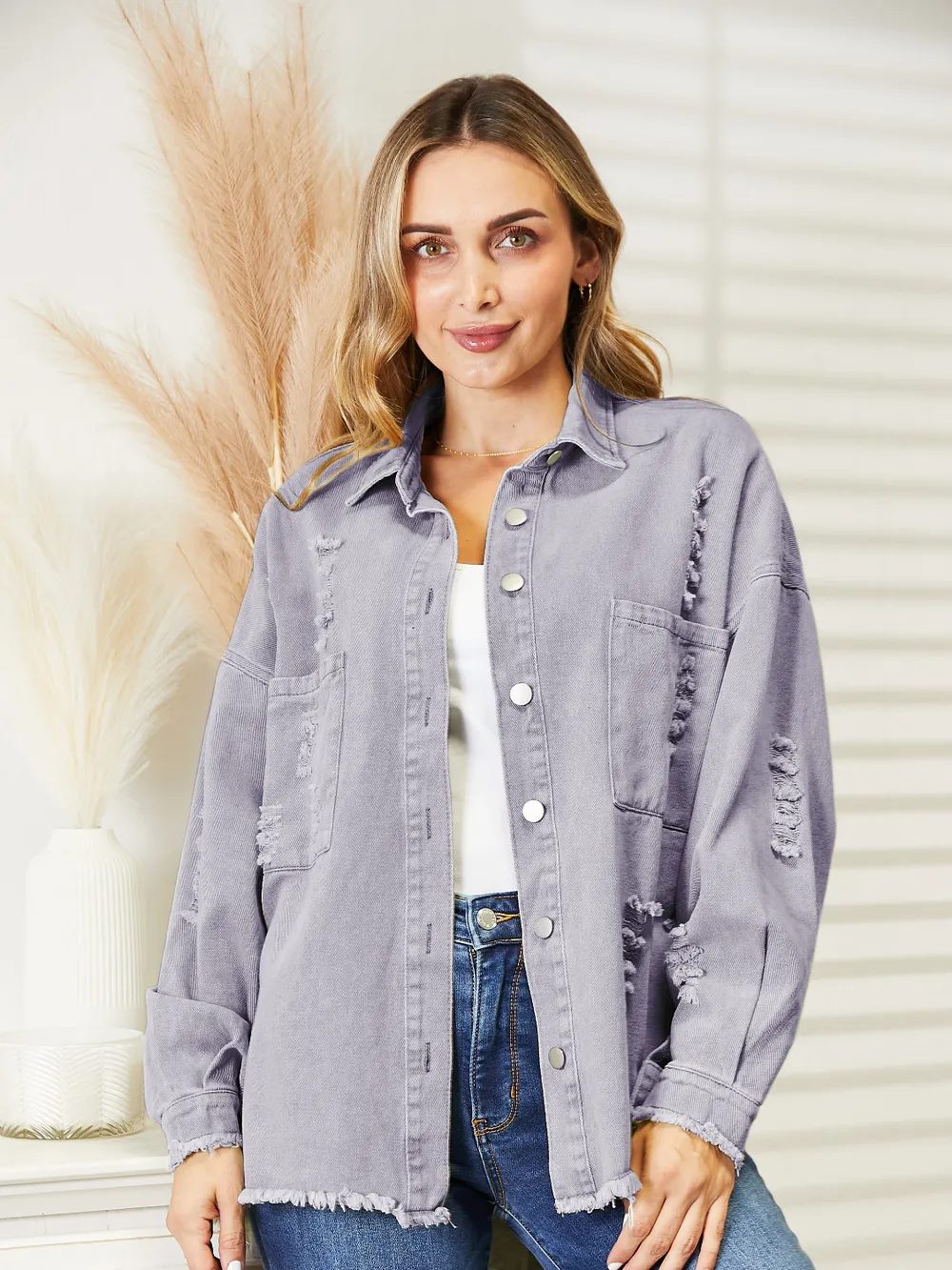 Distressed Raw Hem Denim Jacket, image 2