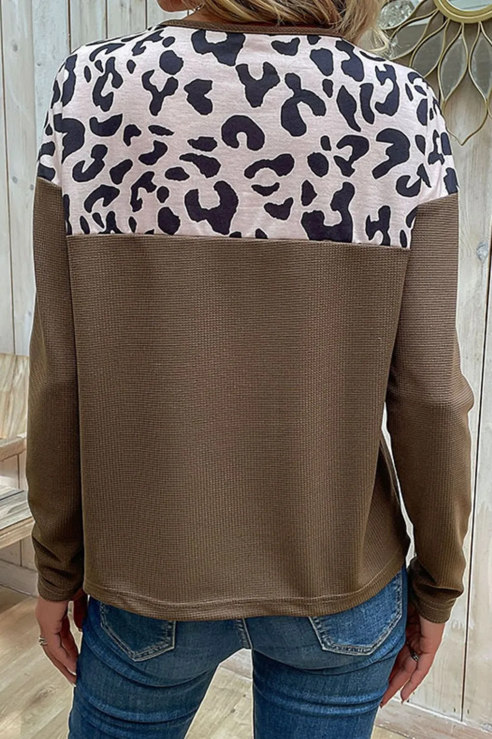 Leopard Buttoned Round Neck Drop Shoulder Top, image 2