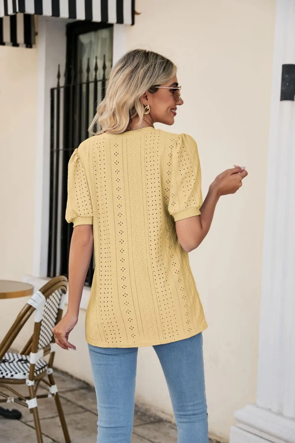 Eyelet Puff Sleeve V-Neck Top, image 3