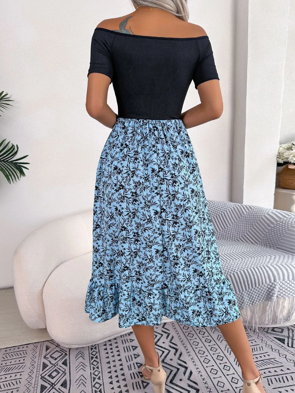 Printed Off-Shoulder Ruffle Hem Dress, image 3