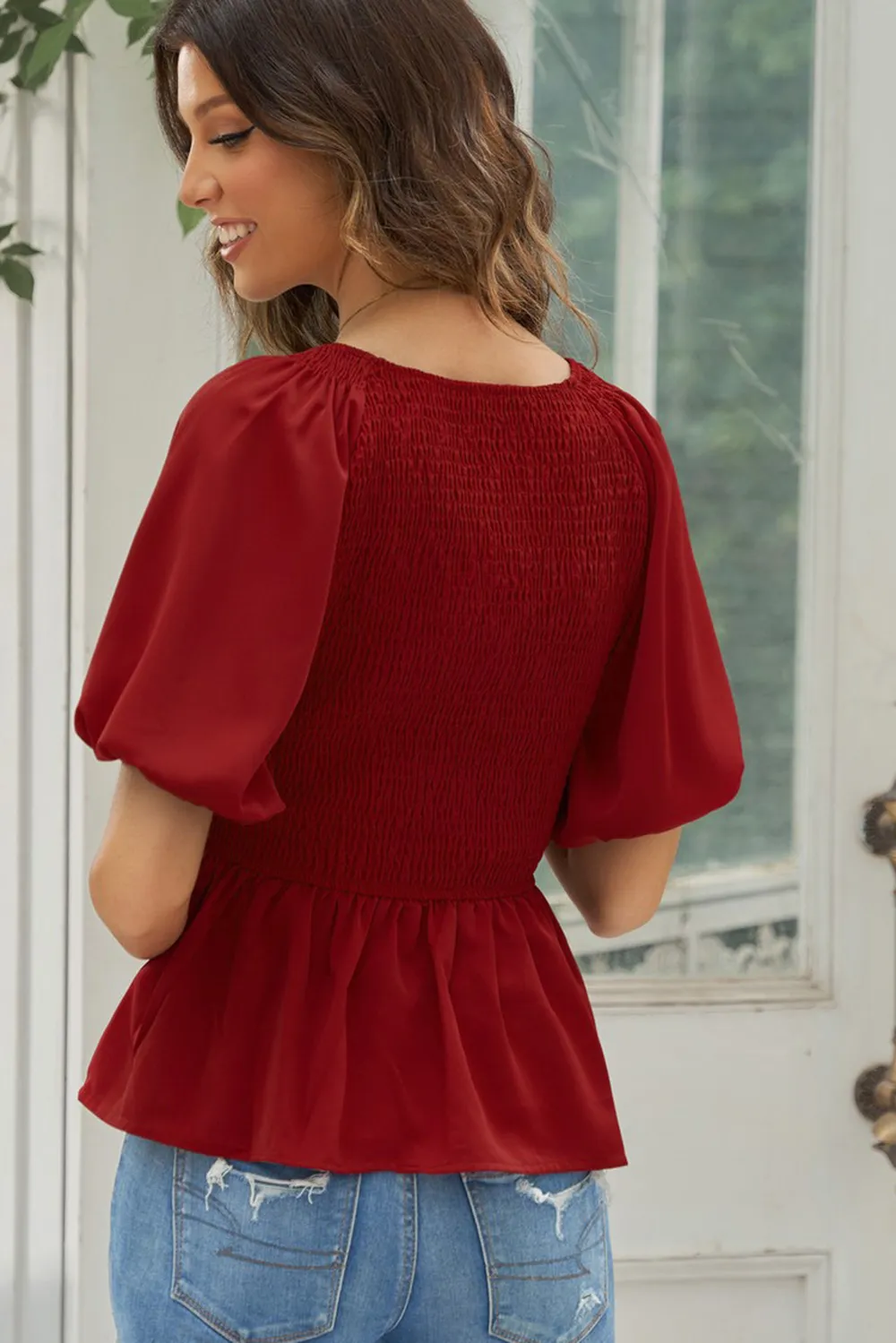 Smocked Balloon Sleeve Peplum Blouse, image 3