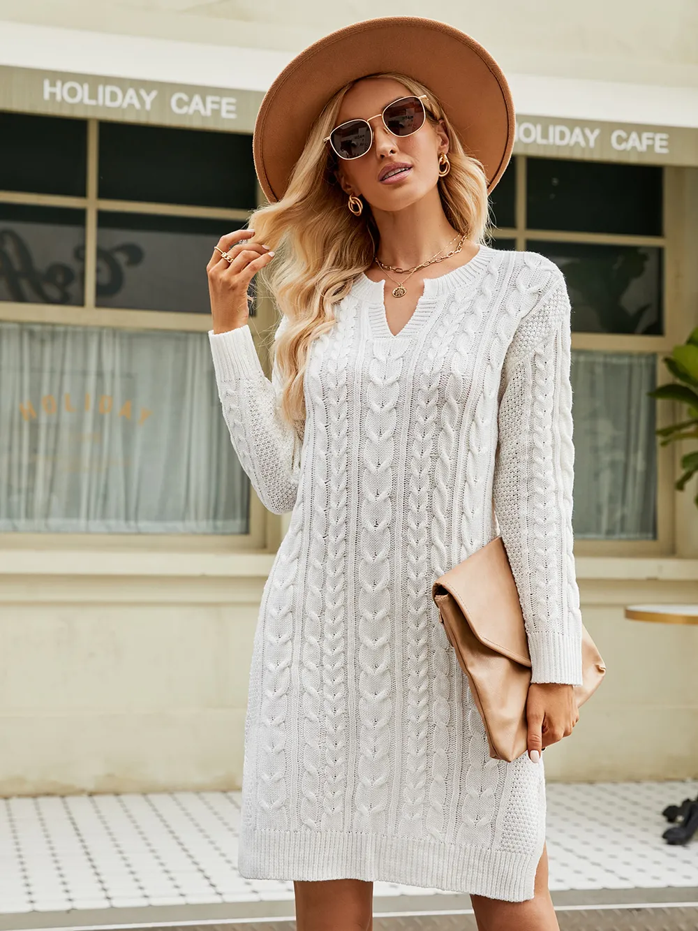 Notched Neck Cable-Knit Slit Sweater Dress, image 4