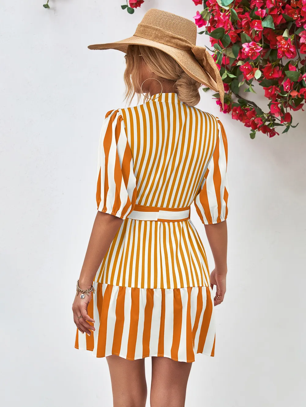 Striped Half Sleeve Tie Waist Mini Dress, image 3
