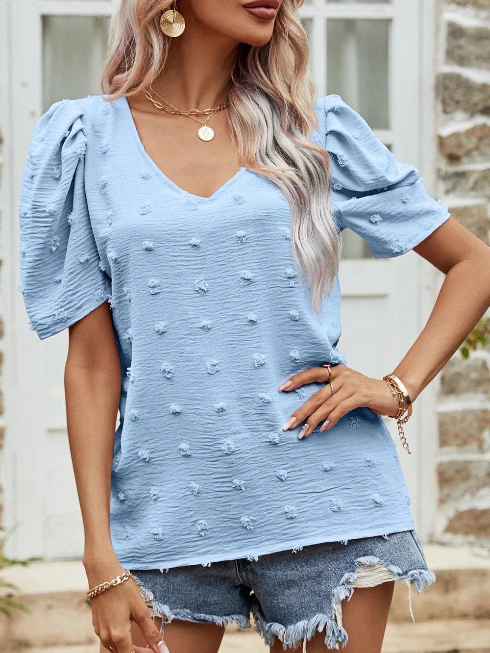 Swiss Dot Short Puff Sleeve Top, image 8