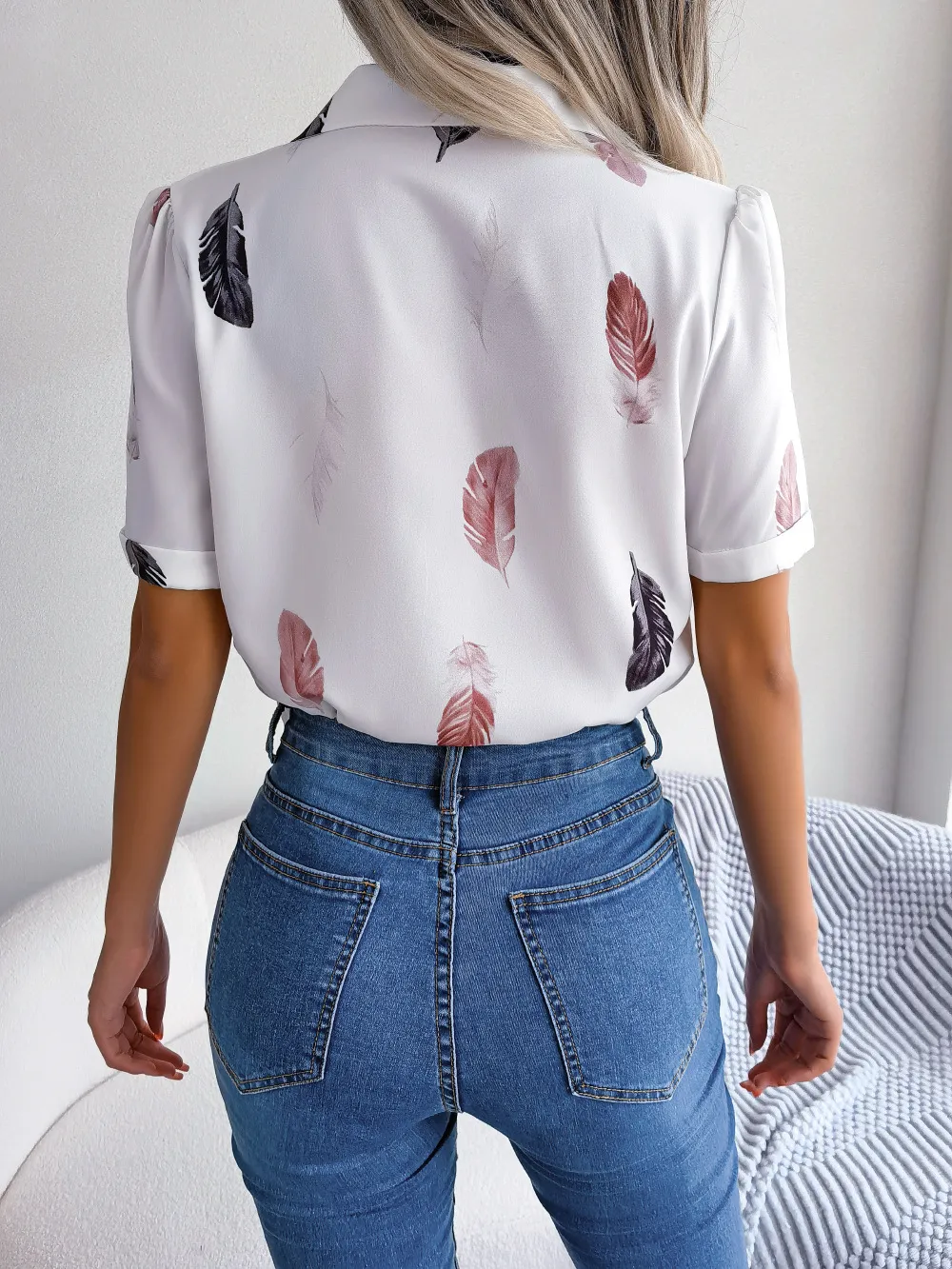 Feather Print Lapel Collar Puff Sleeve Shirt, image 3