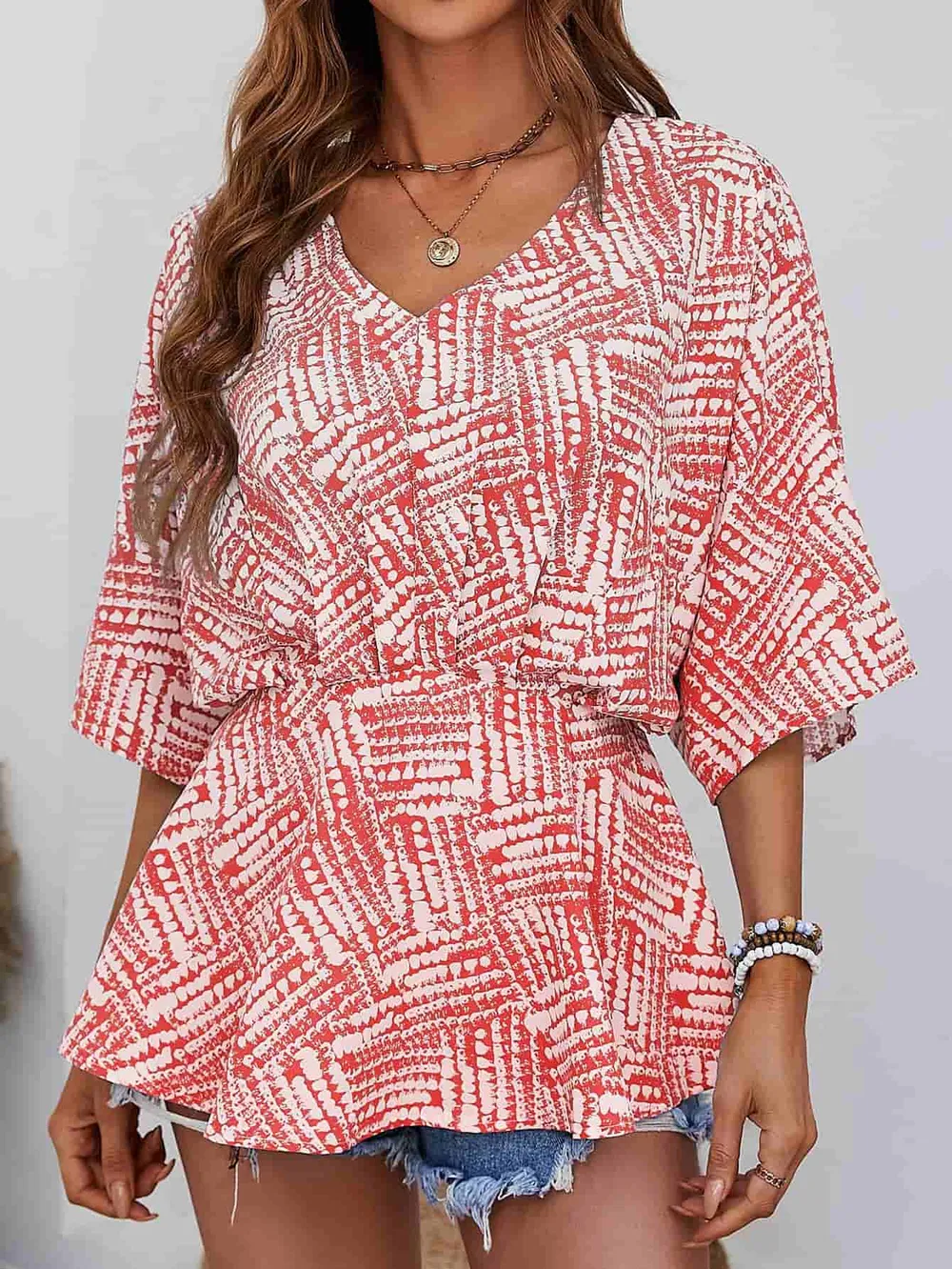 Printed V-Neck Dolman Sleeve Blouse, image 6
