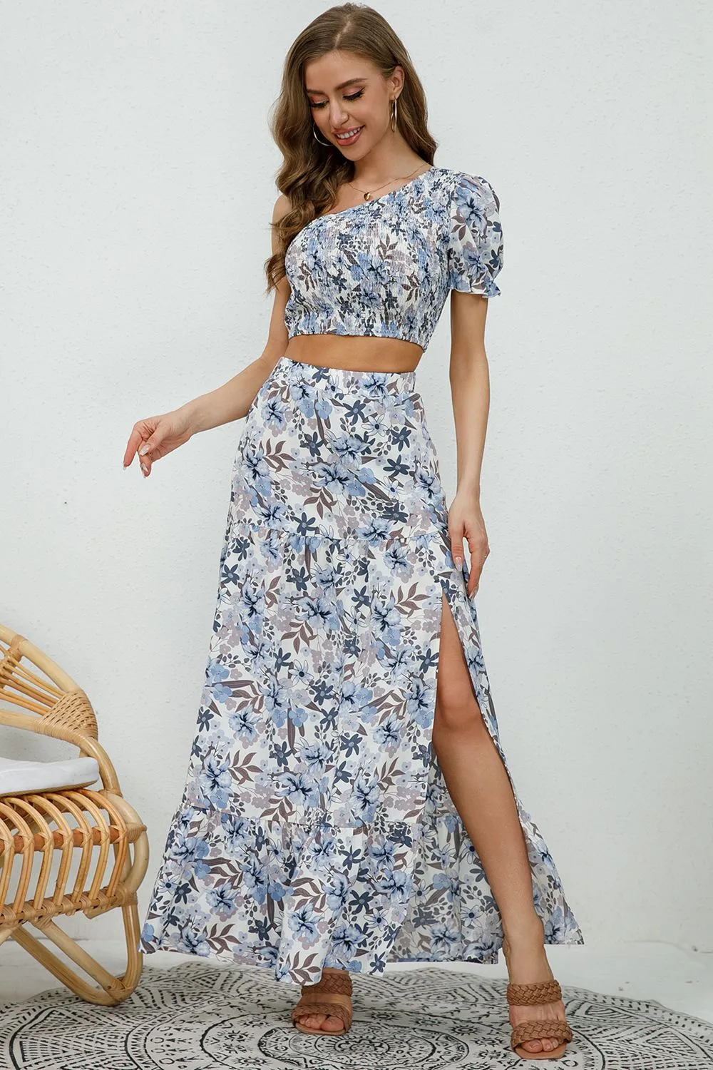 Printed Asymmetrical Cropped Top and Split Skirt Set, image 4