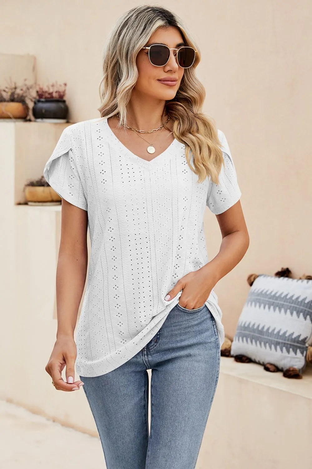 Eyelet Petal Sleeve V-Neck Knit Top, image 20