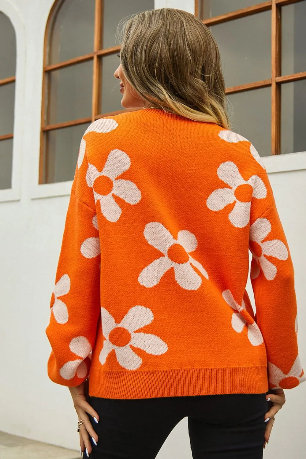 Floral Print Round Neck Dropped Shoulder Pullover Sweater, image 10