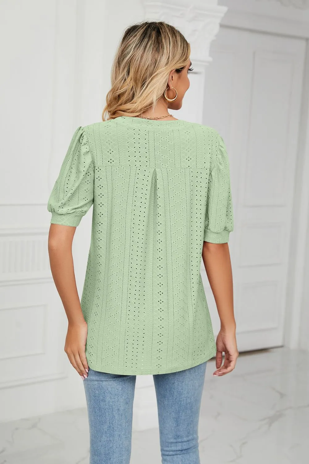 Eyelet Short Puff Sleeve Notched Neck Top, image 16
